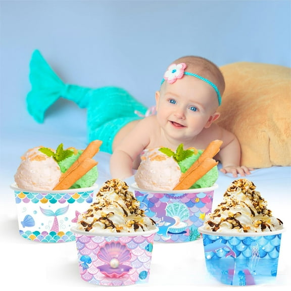 24 Pack Paper Ice Cream Cups, 8 oz Disposable Dessert Bowls for Frozen Yogurt, Sundae Bar, Party Snacks and Treats, Mermaid Ocean Princess Design for Party Favor Supplies