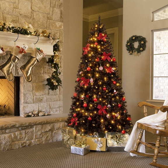 7.5 FT Artificial Christmas Tree with DIY 350 Warm White LED Lights, Hinged Xmas Pine Tree with Tree Skirt and Holiday Ornaments for Holiday Party Office Home, Black Tree & Red Decor