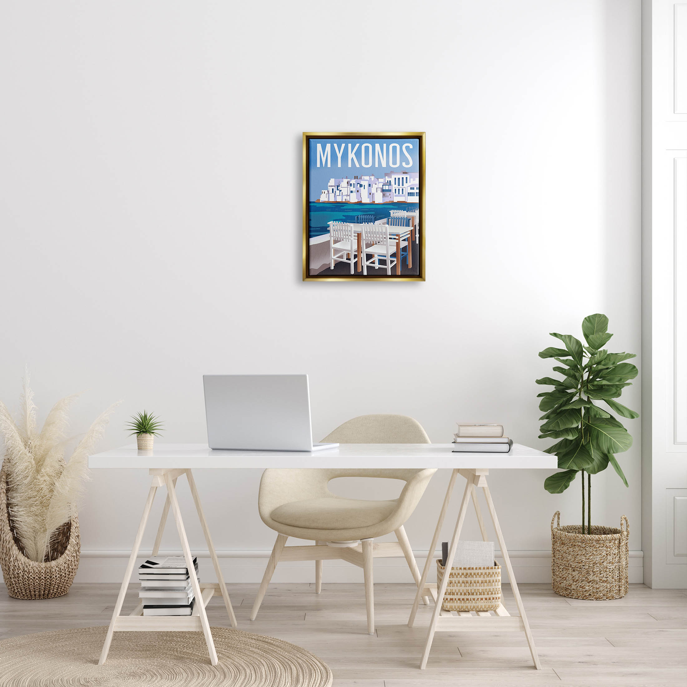 Stupell Industries Mykonos Seaside Vacation Graphic Art Metallic Gold Floating Framed Canvas Print Wall Art, Design by Ziwei Li