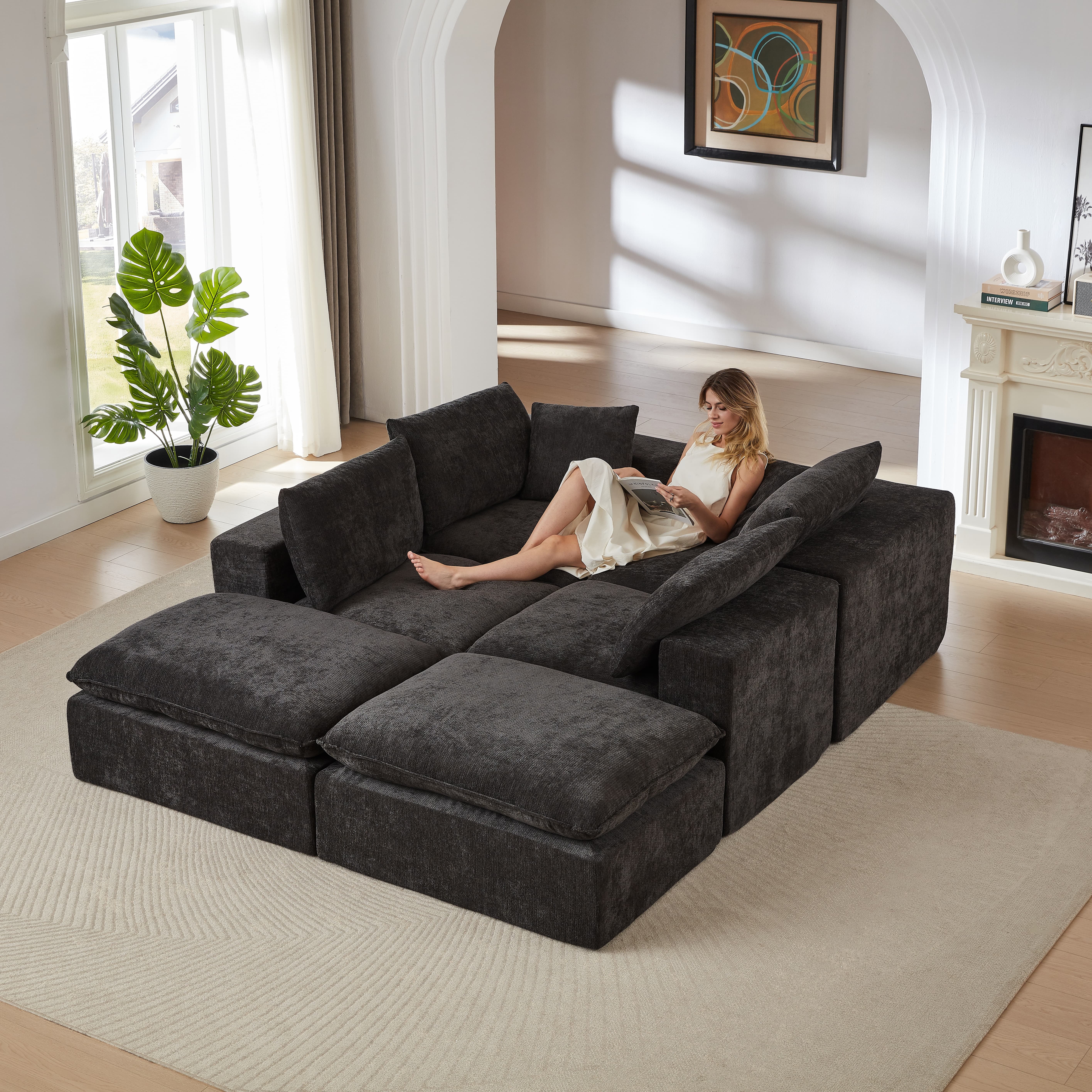 MAYEERTY Modern Modular Chenille Sofa, Black Cloud-Soft Sectional Couch for Living Room