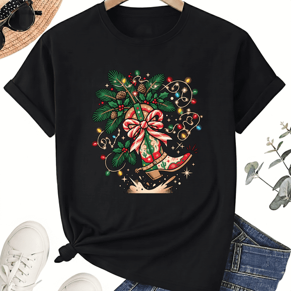 Western Holiday Cowboy Boot Graphic Tee, Unisex Cotton Shirt