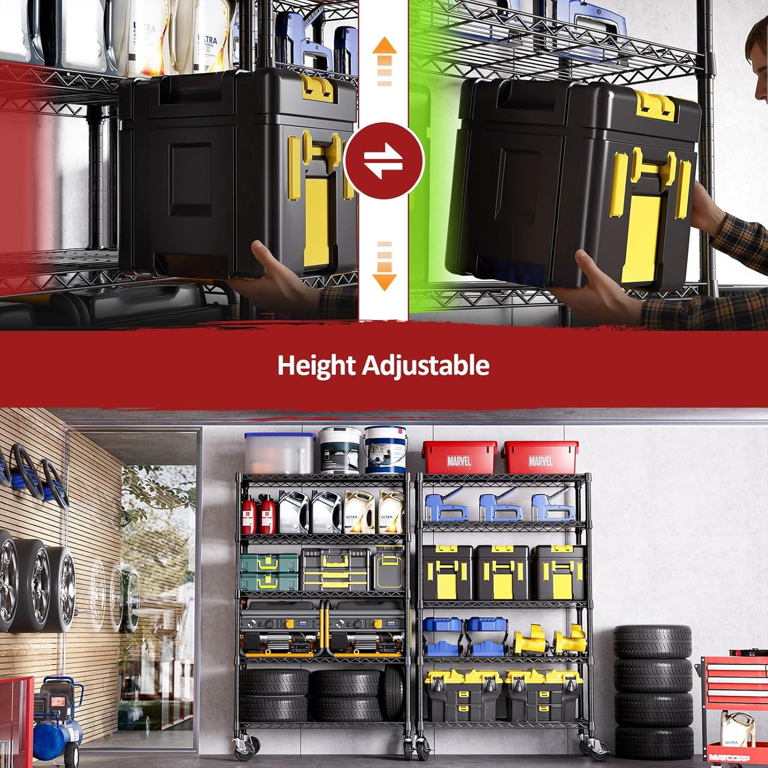 Sailvan 5-Tier Heavy Duty Wire Shelving Unit with Wheels, 48"W x 24"D x 82"H Metal Storage Rack, 3250LBS Capacity, Adjustable Garage Shelves,Black