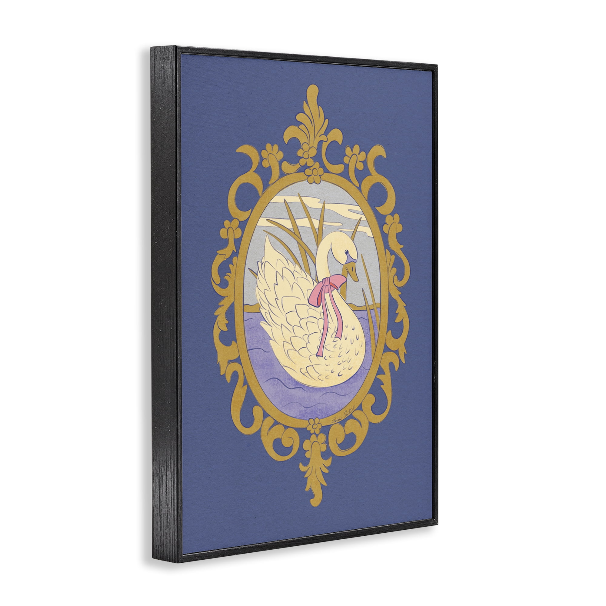 Stupell Industries Swan and Ornate Pattern Black Framed Giclee Art, design by Carrie Cantwell