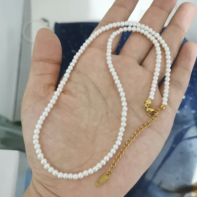 Collier Imitation Perle en Verre 4mm Femmes Hommes Base Ras du Cou Fermoir en Acier Inoxydable Prolonge 40cm+5cm Blanc Mode en Gros