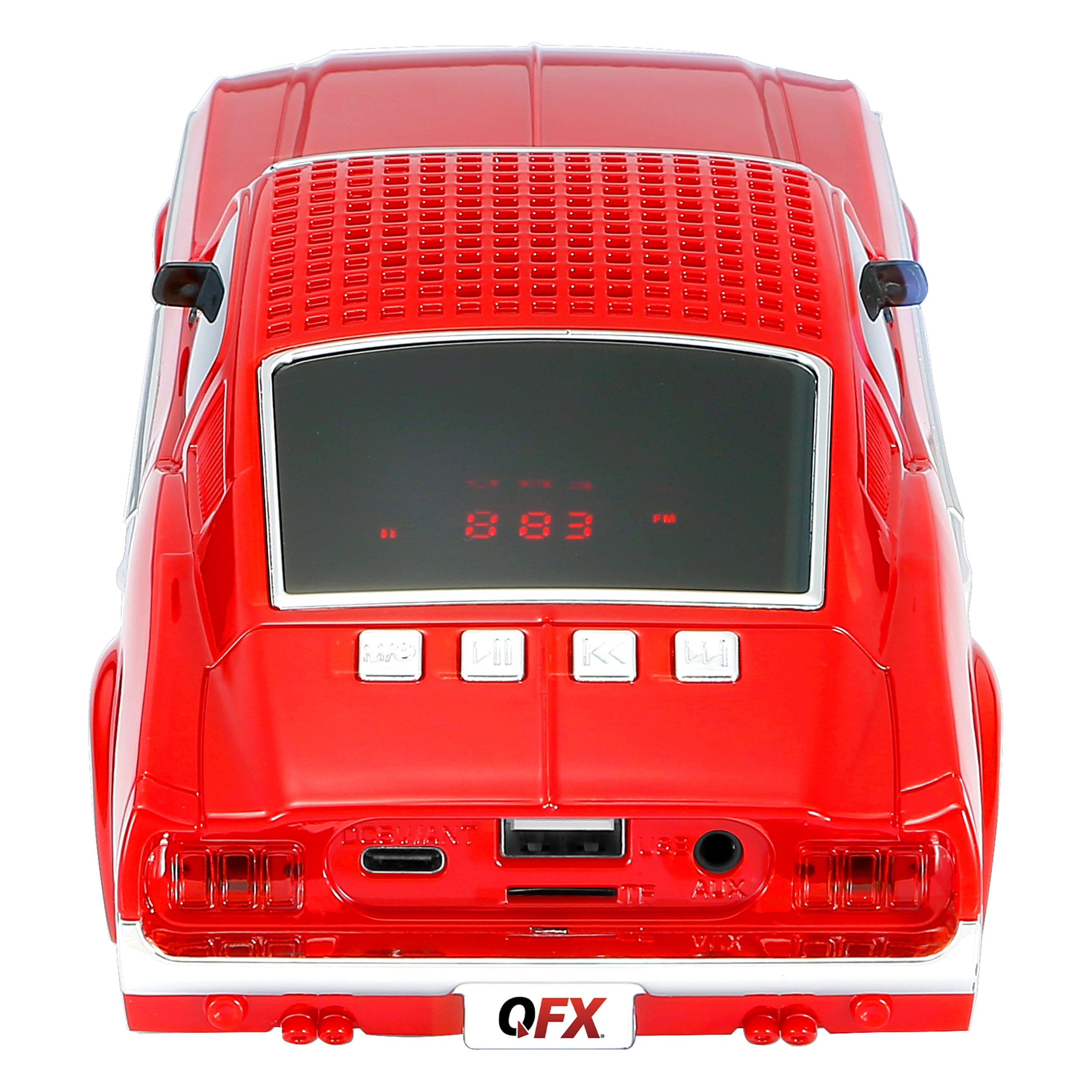 QFX Bluetooth 1965 Retro Car Replica Speaker, 3-inch Speakers, Hands Free Link, Built-in Microphone, FM Radio and LED Party Lights, Red - BT-1965-RED