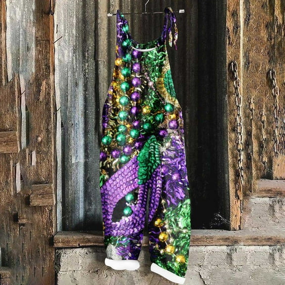 DDAPJ pyju Mardi Gras Jumpsuits for Women 2024 Carnival Themed Sequin Mask Print One Piece Rompers Casual Loose Spaghetti Straps Jumpsuit Parade Party Overalls with Pockets on Sale Green L