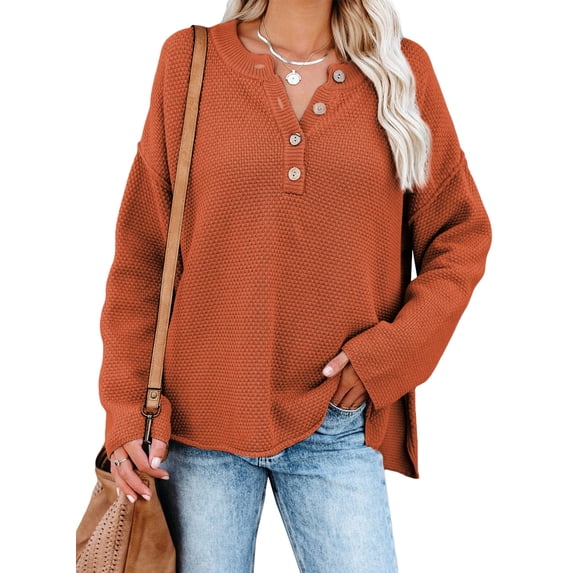 HOTAPEI Womens Waffle Knit Sweater Casual Crew Neck Long Sleeve Pullover Sweaters for Women Side Slit Henley Knit Tops