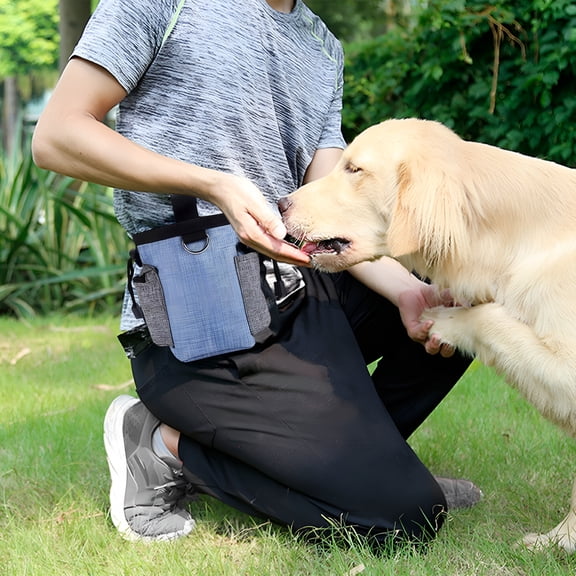 AOMRCOL Dog Treat Pouch with Training Clicker&Collapsible Bowl/Hands-Free Walking Bag/Dog Treat Bag with Built-In Poop Bag Dispenser,Adjustable Waist Belt for Treats,Kibble&Snacks(Blue)