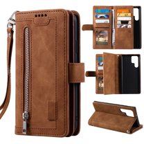 Feishell for Samsung Galaxy S22 Ultra Wallet Case with Wrist Strap,for Women Men,Luxury PU Leather Zipper Pocket Magnetic Clasp Folio Flip Holder ID Credit Card Slots Shockproof Phone Cover,Brown