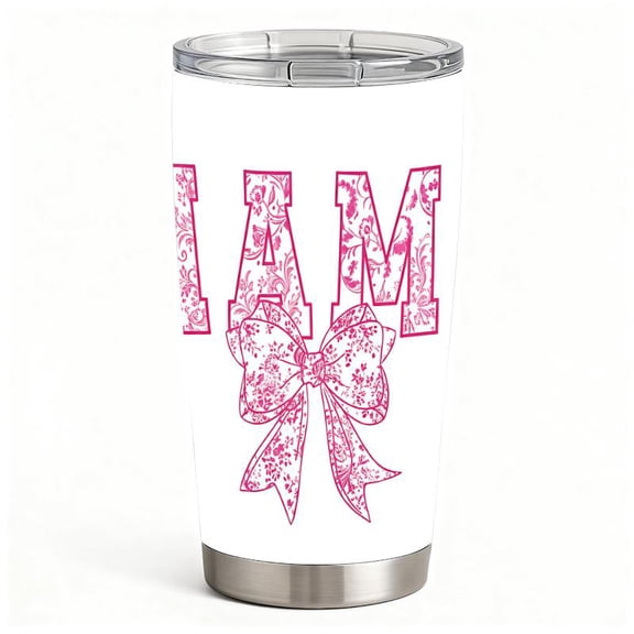 Stainless Steel Insulated Tumbler with Lid, Pink “MAM” Bow Floral Design Travel Cup, Gift for Mom