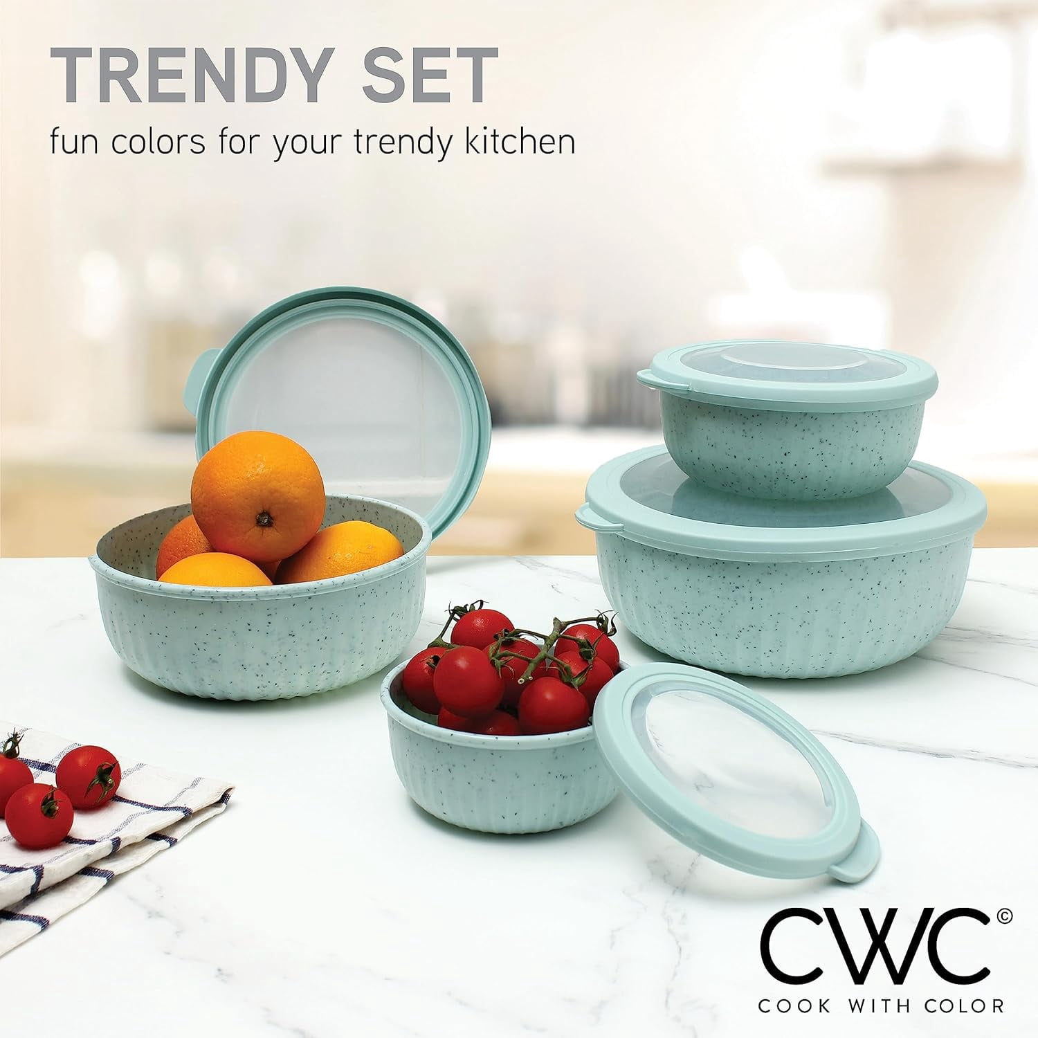 COOK WITH COLOR Meal Prep Containers Wide Mixing Bowls Food Storage Containers with Lids, Speckled Mint 12 Pcs