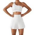 thumbnail image 2 of Women's Tennis Skirts Top Set Stretch High Waisted Golf Skorts Skirt One Shoulder Sports Bra Running Workout Activewear, 2 Piece M White, 2 of 8