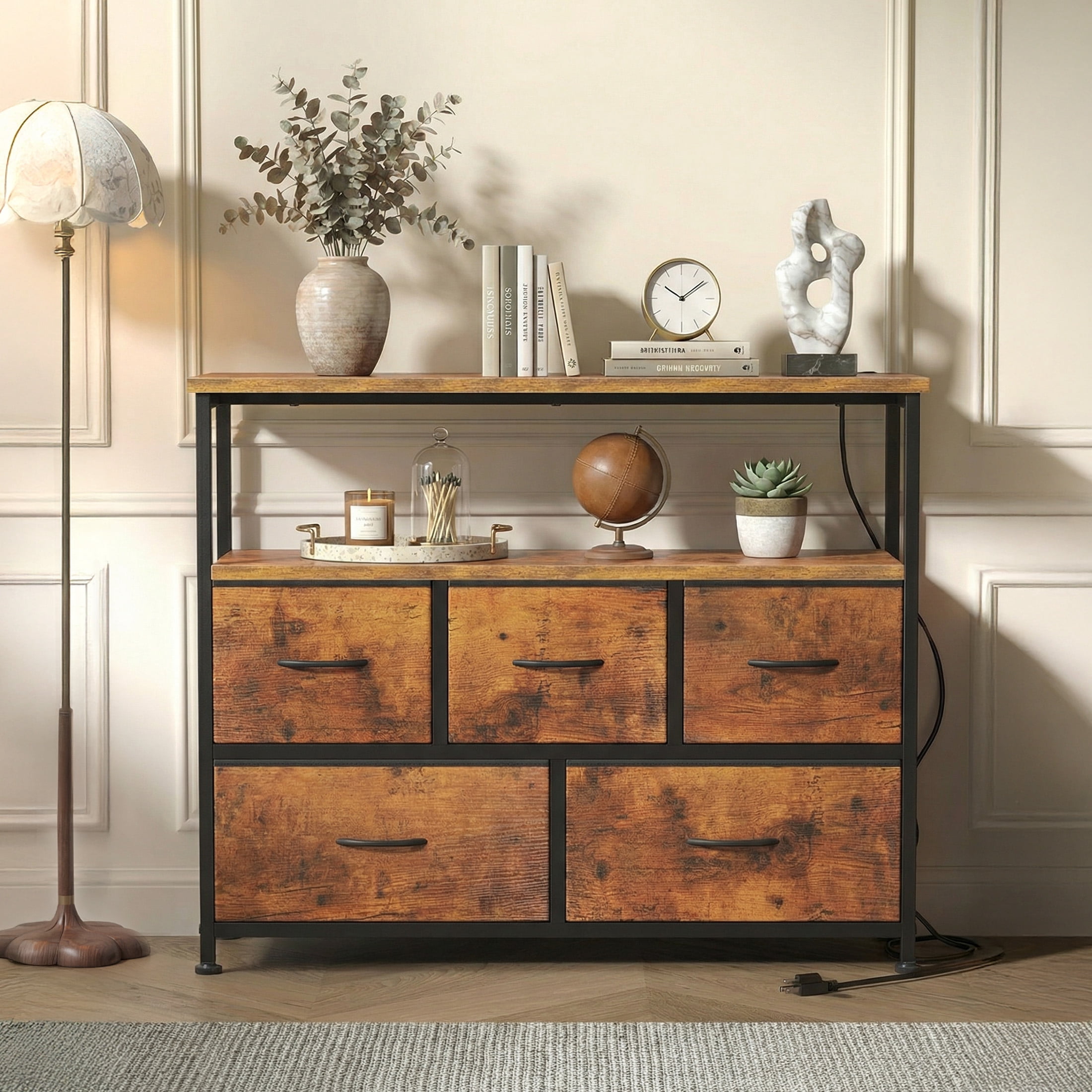 edx 5 Drawers TV Stand Dresser for 45" TV, Media Console with Charging Station & 2 Shelves, Storage Organizer for Bedroom Living Room, Rustic Brown