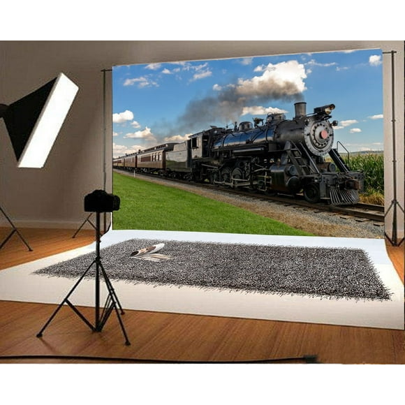 YUSDECOR 7x5ft Old Locomotive Backdrop Vintage Train Railroad Tracks Green Grass Field Blue Sky White Cloud Farmland Nature Spring Travel Photograph