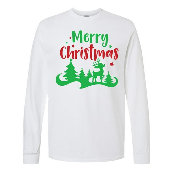 Inktastic Merry Christmas, Reindeer, Christmas Tree, Stars Long Sleeve T-Shirt