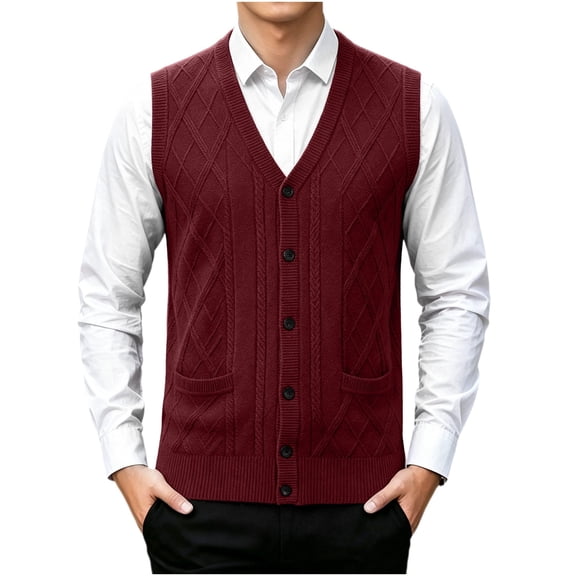 Riecok Men Vest Sweater Sleeveless V Neck Button down Sweaters Lightweight Solid Winter Tops with Pockets Wine 2XL
