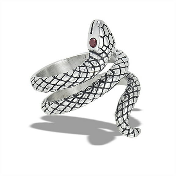 High Polished Simulated Garnet Snake Ring Stainless Steel Band Red CZ Jewelry Female Size 7