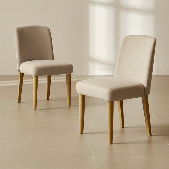 Mopio Logan Upholstered Beige Dining Chair Set of 2, Modern Farmhouse Solid Wood with ergonomic curved back rest for Dining Room and Kitchen