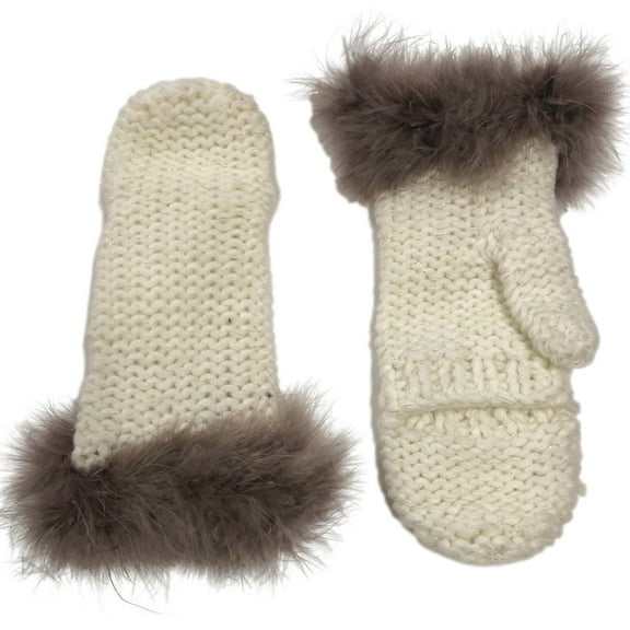 Womens Sparkly White & Gold Knit Convertible Mittens with Plush Trim