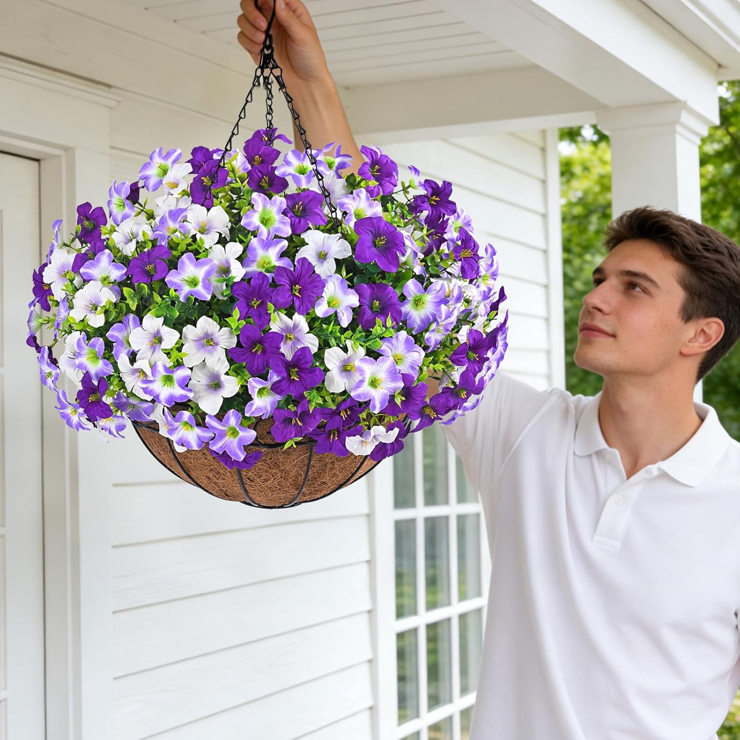 Lyacmy Artificial Hanging Flowers in Basket for Outdoor, UV Resistant Faux Petunias with Eucalyptus Leaves with 20Inch Coconut Lining Chain Flowerpot,Purple White