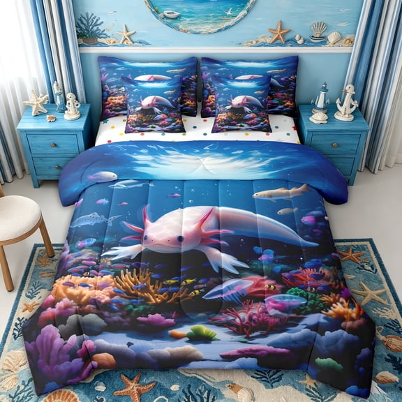 spefrowx Dreamy Sea Axolotl Twin Bedding for Kids, Vibrant Coral Jellyfish Shark Bedding Comforter Set, Polka Dot Reversible, 7pcs