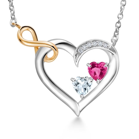 925 Sterling Silver and 10K Yellow Gold Pink Created Sapphire Sky Blue Aquamarine and White Lab Grown Diamond Infinity Heart Pendant Necklace for Women (0.78 Cttw, Heart Shape 4MM, with 18 inch Chain)