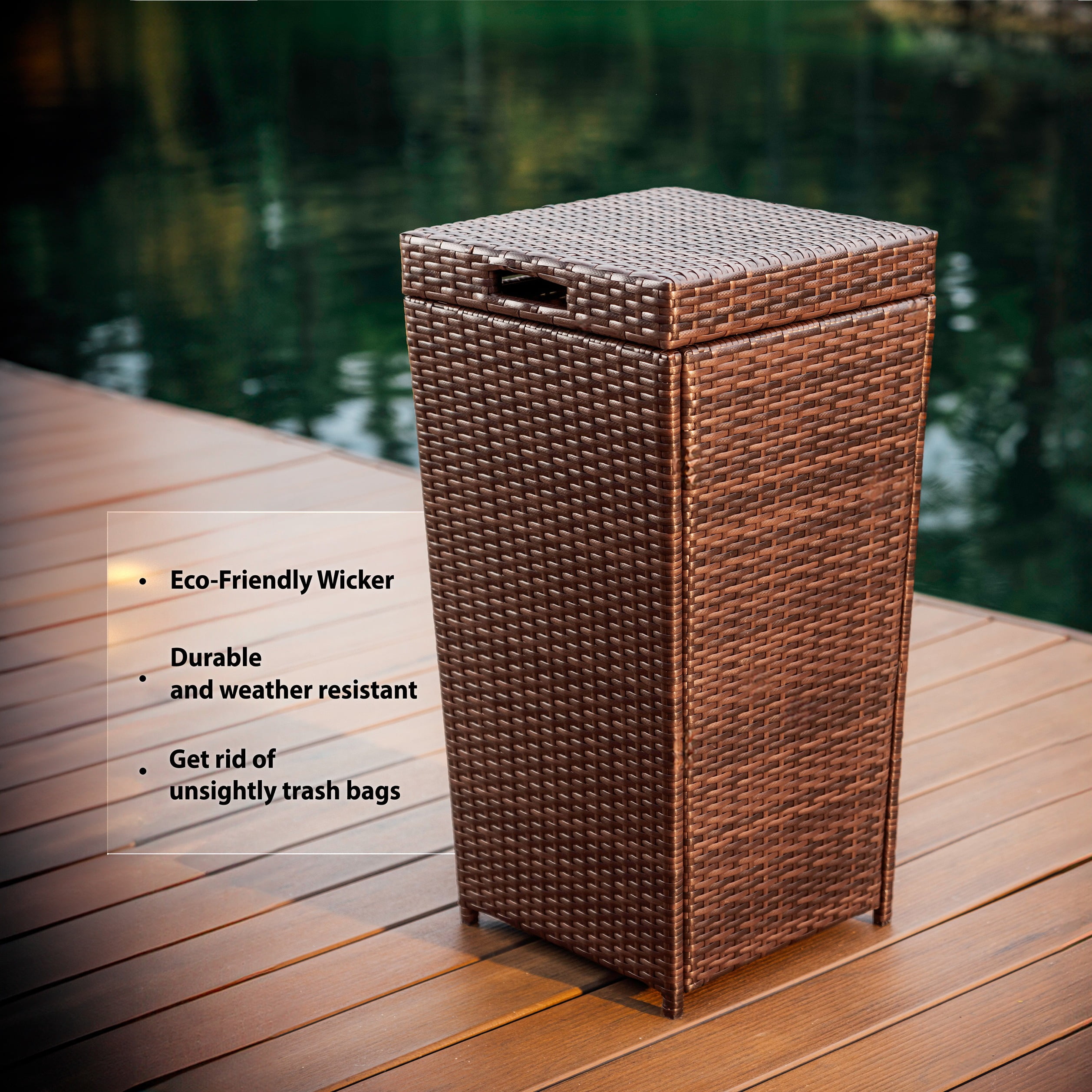 Phoenix 35 Gallon Outdoor Trash Can with Lid, Hideaway Wicker Rattan Garbage Can, Black