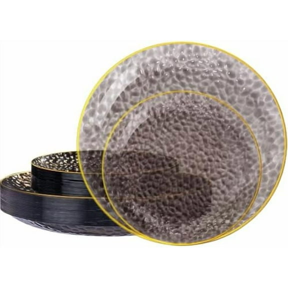 36Pcs Black Plastic Plates, Hammered Plates Disposable Heavy Duty, Black Disposable Plates With Gold Rim, Fancy Plastic plates Include 18 Dinner and 18 Dessert plates for Wedding