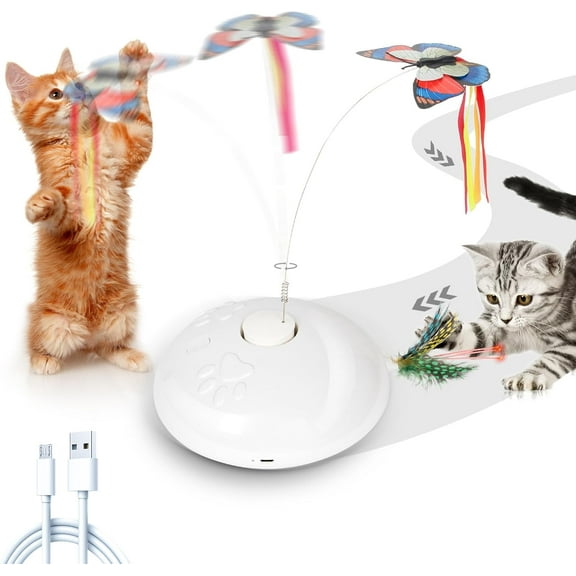 Interactive Cat Toy, Automatic Cat Toy for Indoor Cat,3 in 1 Moving Cat Toy with Butterfly, Feather, LED Light,Rechargeable Electric Cat Toys
