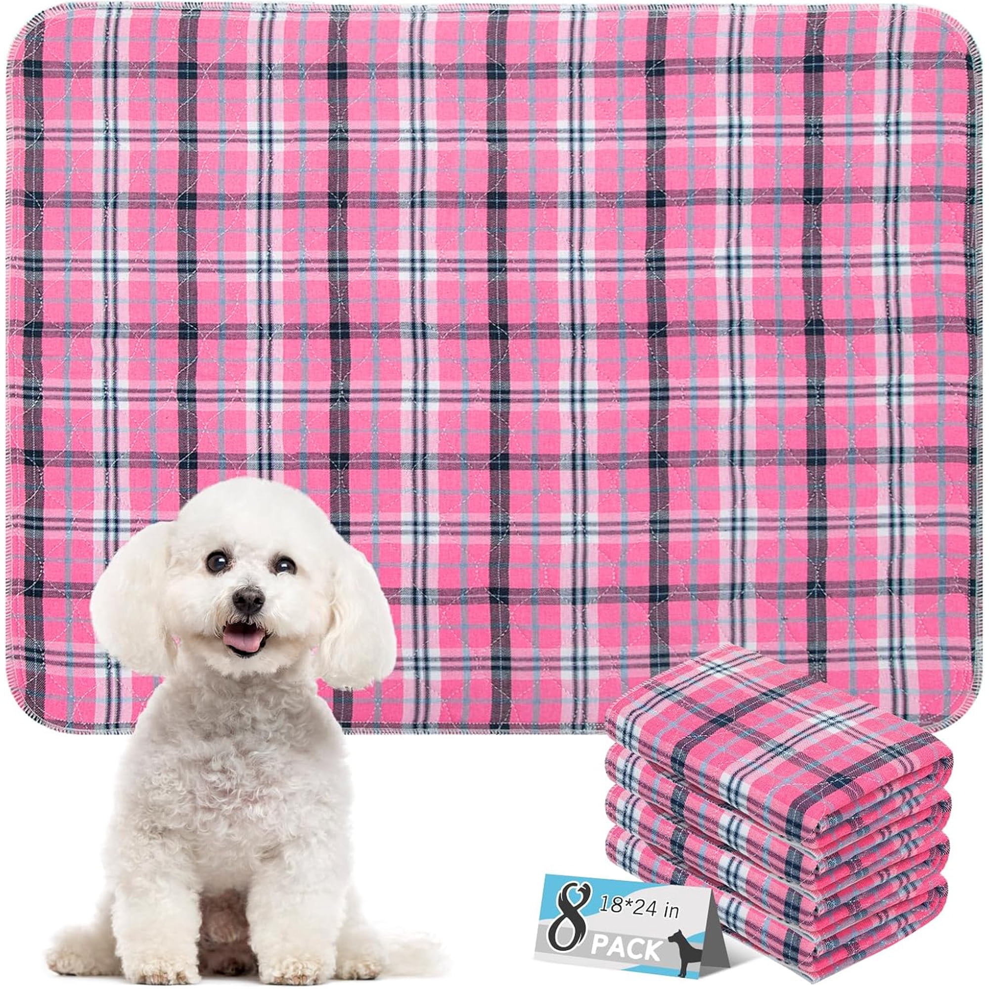 Washable Pee Pads for Dogs - 18”x24” 8PCS, Whelping Pad for Puppy Training, Playpen Crate Bed Floor Protector, Reusable Dog Potty Pads Non-Slip, Super Absorbent & Odor Controlling, Pink Plaid