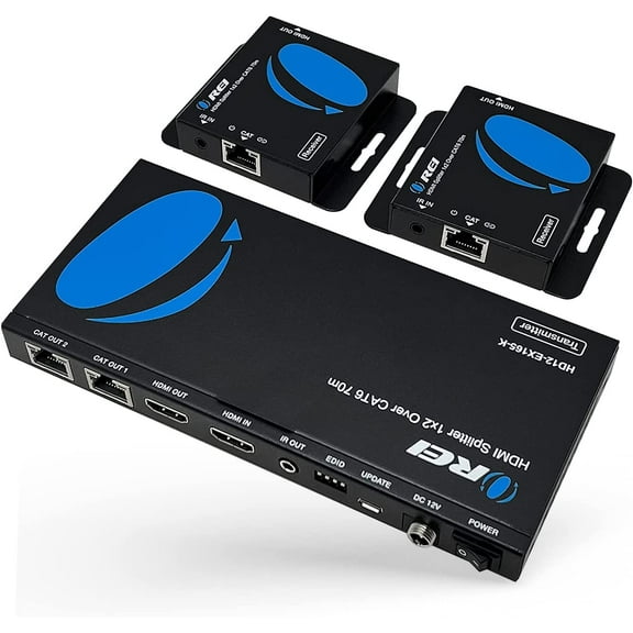OREI 1x2 HDMI Extender Splitter Over CAT6/7 Ethernet Cable Up to 165 ft - 1 in 2 Out, 1080P, PoC, IR Control, EDID, HDMI Loop Out (HD12-EX165-K), 2 Channel Transmission