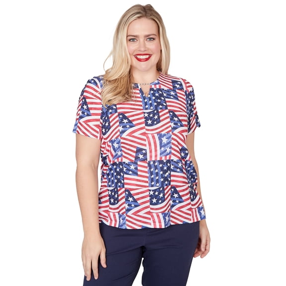 Alfred Dunner Womens Petite American Flag Patchwork Tee