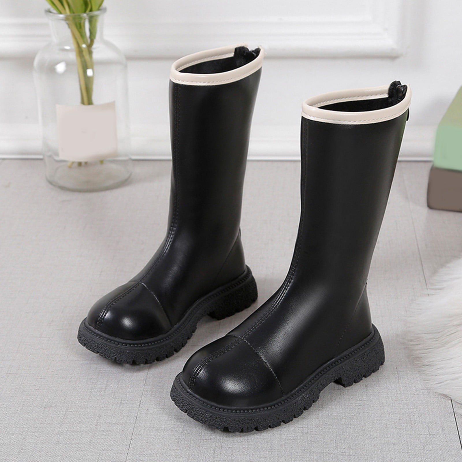 PEASKJP Girls Waterproof Boots Side Zipper Lace Up Work Boot Combat Booties for Kids Black 30