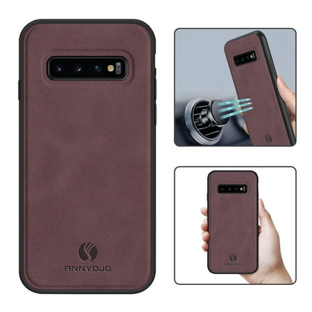 Feishell Support Wireless Charging Case for Samsung S10,Vintage Classic PU Leather Luxury Business Cover,Soft Non-Slip Grip Anti-Scratch Shockproof Case for Samsung Galaxy S10, Wine Red