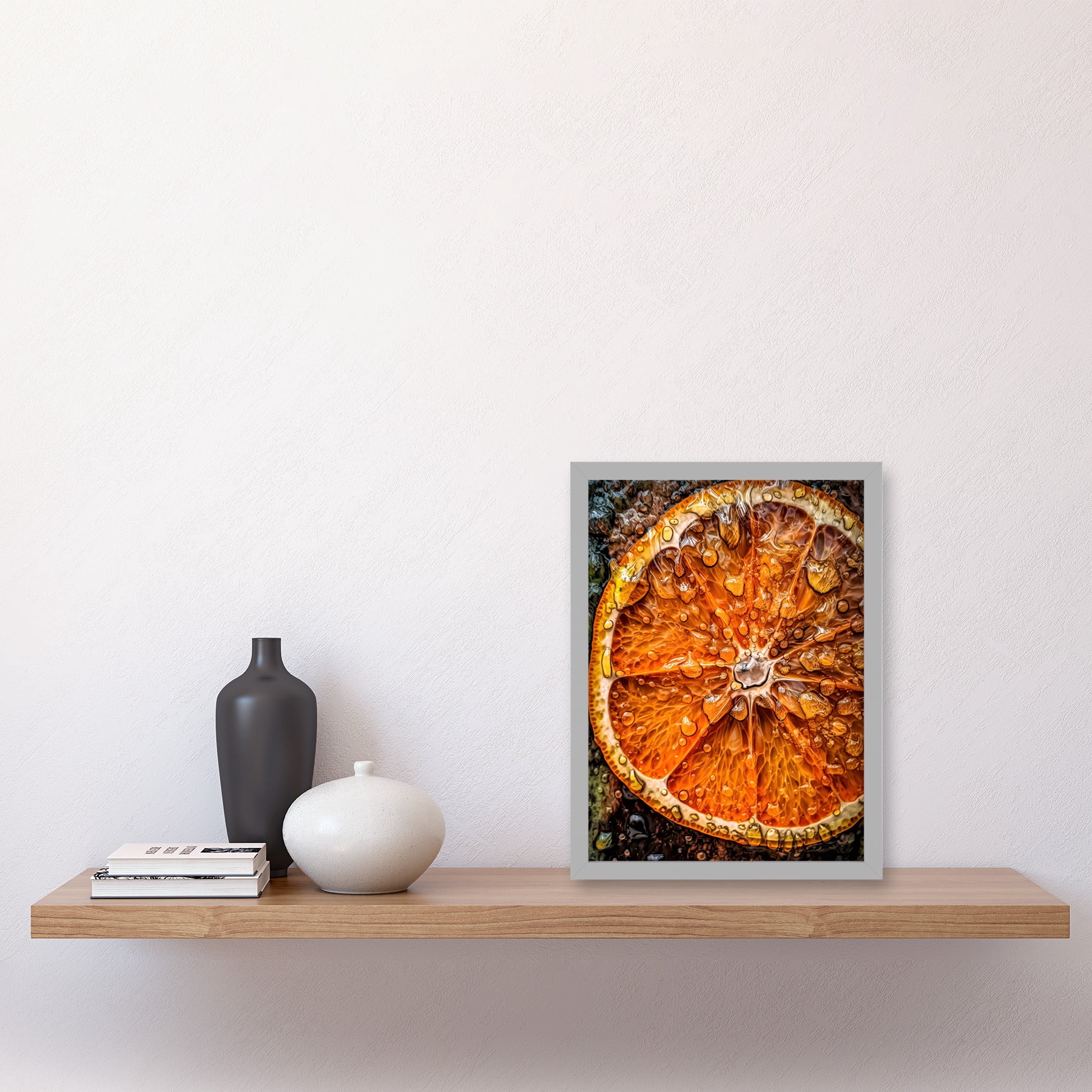 Orange Slice with Juice Droplets Macro Painting Artwork Framed
