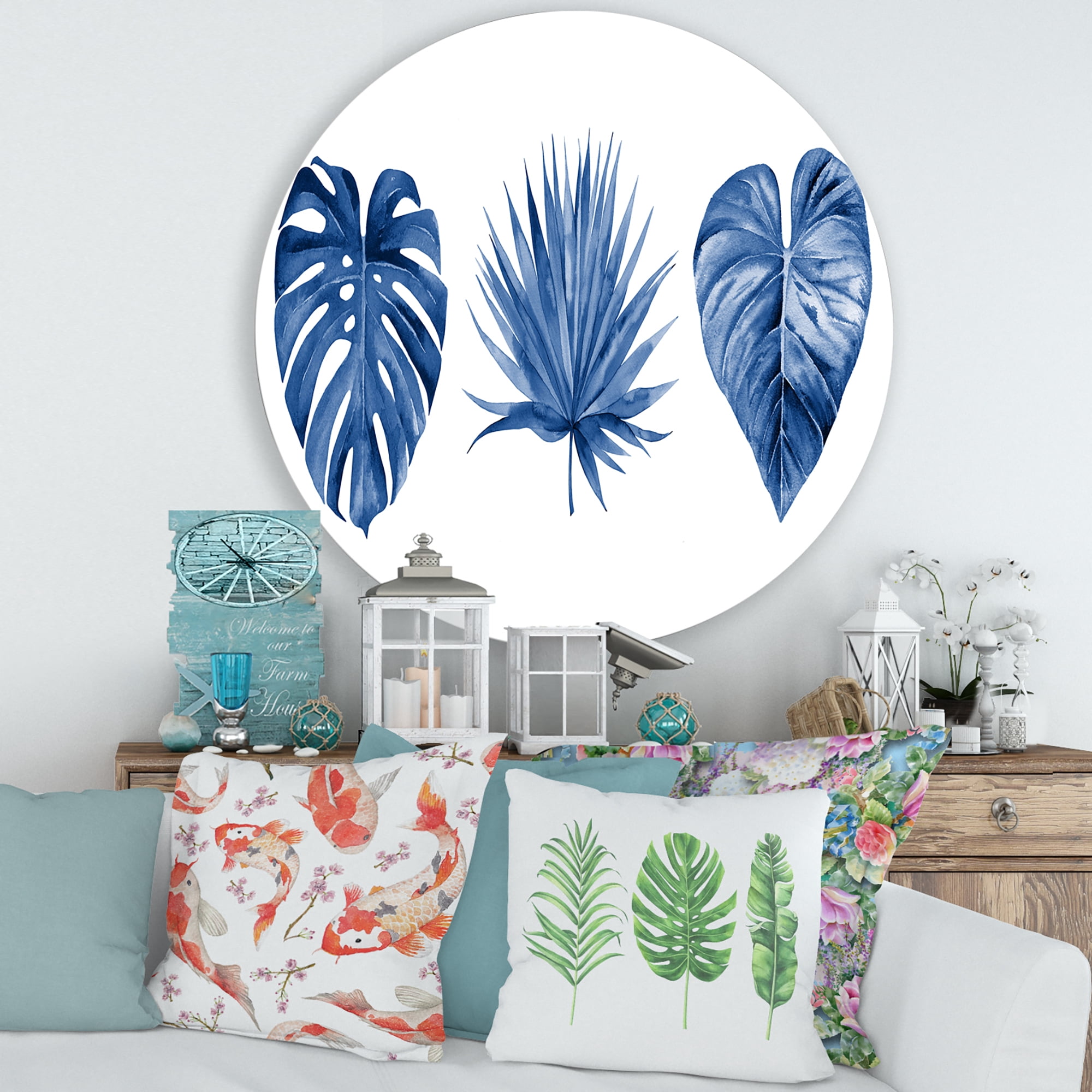 Designart 'Tropical Leaves In Classic Blue ' Tropical Circle Metal Wall Art 36x36 - Disc of 36
