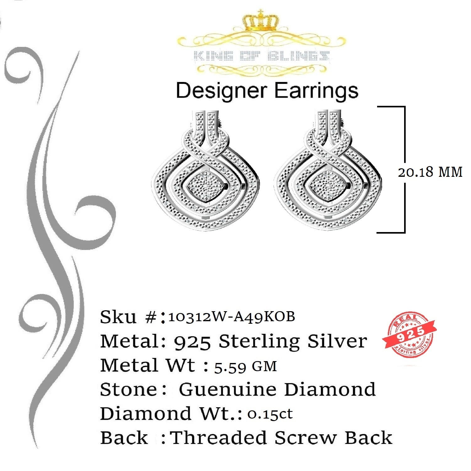 King of Bling's 925 Sterling Silver Hip Hop 0.33ct Diamond Small For Women's White Stud Earrings