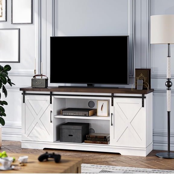 TV Stand for TVs Up to 65 Inches, Entertainment Center with Storage Cabinets & Sliding Barn Doors, Modern Mid Century Media Console Table for Living Room Bedroom