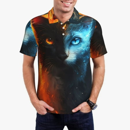 Goofa Red And Blue Fire Cat Print Mens Polo Shirts Quick Dry Short Sleeve Golf T Shirt Performance Moisture Wicking Casual Workout-XX-Large