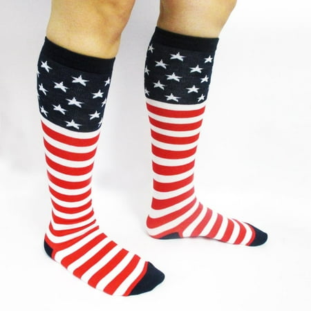 

USA Red White Blue Socks American Flag Knee High Womans Ladies Striped Leggings