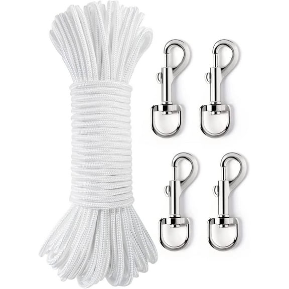 100ft Flag Pole Rope, Flag Pole Halyard Rope Kit with 4 Pcs Zinc Alloy Swivel Snap Hooks, Double Braided Nylon Flagpole Line Rope for Outdoor, Flag, Swing, Clothesline, Climbing, Camping