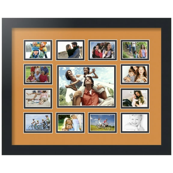 ArtToFrames Collage Photo Picture Frame with 1 - 4.75x6.75 and 12 - 2x3" Openings, Framed in Black with Amber and Black Mats (CDM-3926-569)