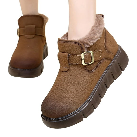 Womens Platform Snow Boots Thickened Warm Plush Lined Buckle Ankle Strap Nonslip Winter Ankle Booties Slip on Loafers Brown 8.5