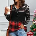 thumbnail image 3 of Camisa de empalme con estampado navideño Top de empalme a cuadros con bloques de color de manga larga y cuello redondo delgado de moda para otoño Negro XL, 3 of 5