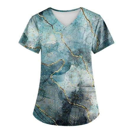 

Royallove Womens Shirts Plus Size Retro Printed Scrub Working Uniform Tops For Women Cross V-Neck Short Sleeve Fun T-Shirts Workwear Tee With Pockets