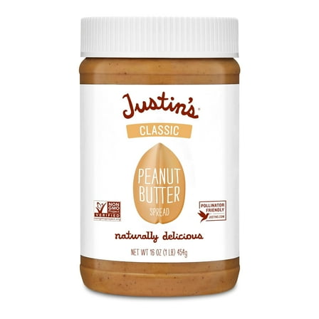 Justin's Classic Peanut Butter, Only Two Ingredients, No Stir, Gluten-free, Non-GMO, Keto-Friendly, Responsibly Sourced, 16oz Jar