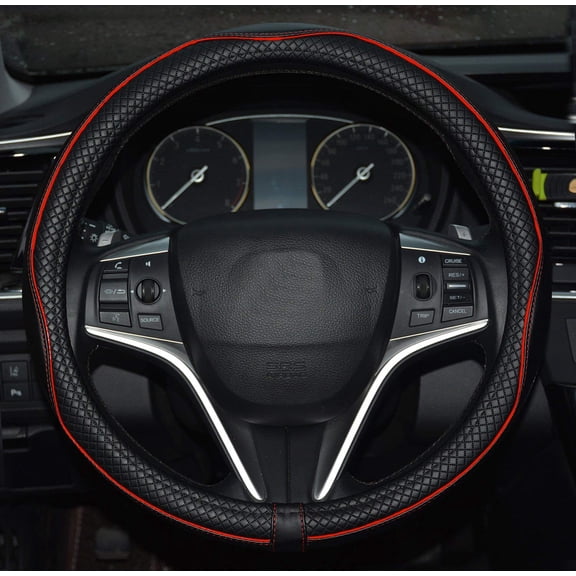 Leather Car Steering Wheel Cover, Soft Padding, Durable, No Smell, Universal 15 Inch Steering Cover, Anti-Slip Embossing Pattern A, Black with Red Line