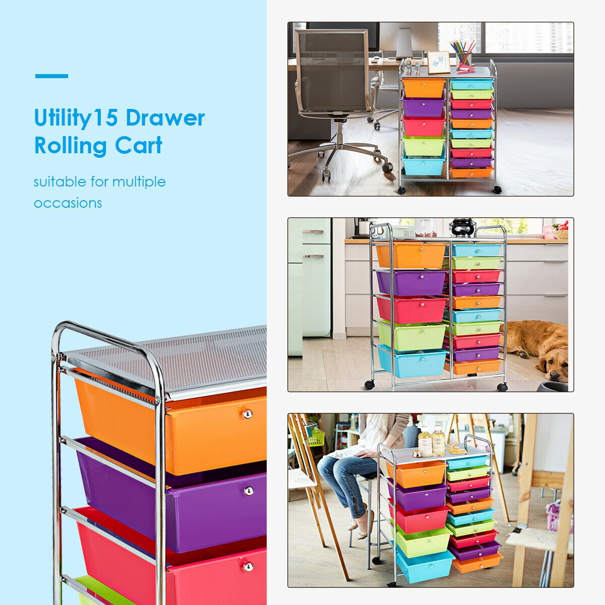 Gymax 15 Drawer Opaque Rolling Storage Cart Multi-color Drawers Home