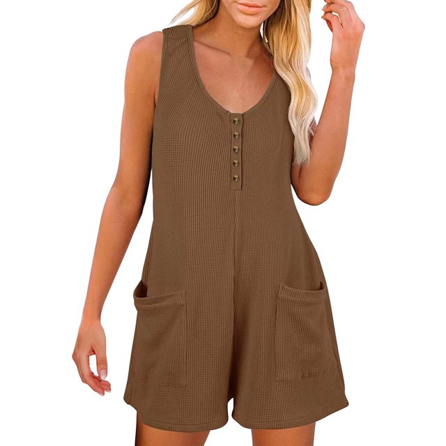 TrendOFT Jumpsuits For Women Casual Summer U Neck Sleeveless Solid Button Down Adjustable Waist Drawstring Womens Rompers One Piece Overalls Coffee XL