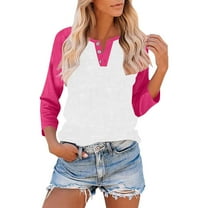 Otntypg Women's Raglan V Neck Summer Baseball Tops 3/4 Sleeve Ladies Button Henley Shirt Trendy Oversized Workout Tunics Color Block Tees Boyfriend Style Blouse Hot Pink#02 XXXL